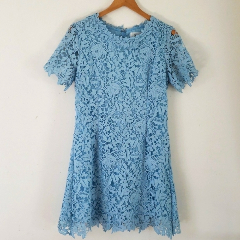 Chicwish Sky Blue Lace Short Sleeve Fit and Flare Knee Length Dress, Size L